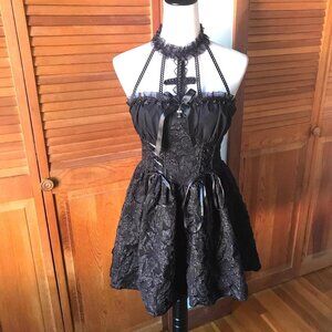 Gothic Lolita EGL Dark Fairycore Black Cross Lace Choker Mini Dress